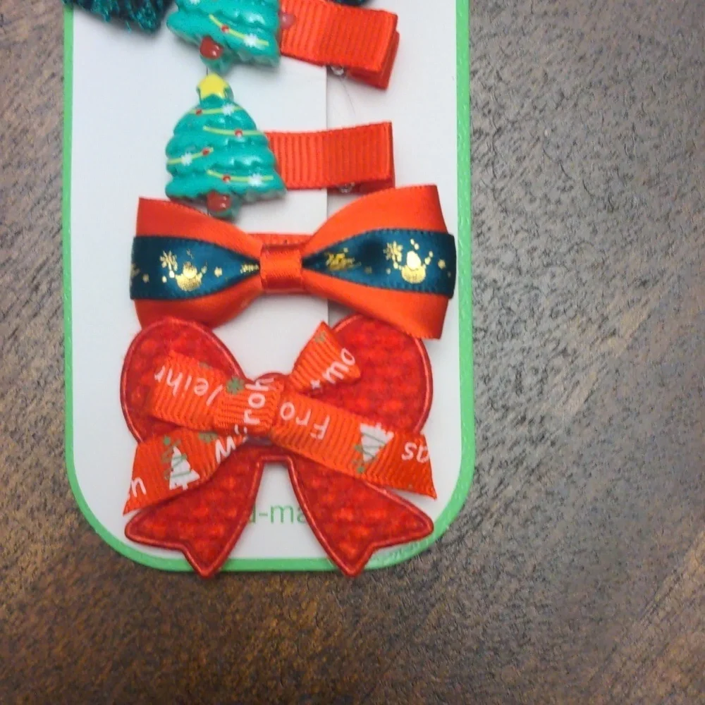 Hair Clip Set - Green and Red Christmas Trees and Reindeer set of 5 clips